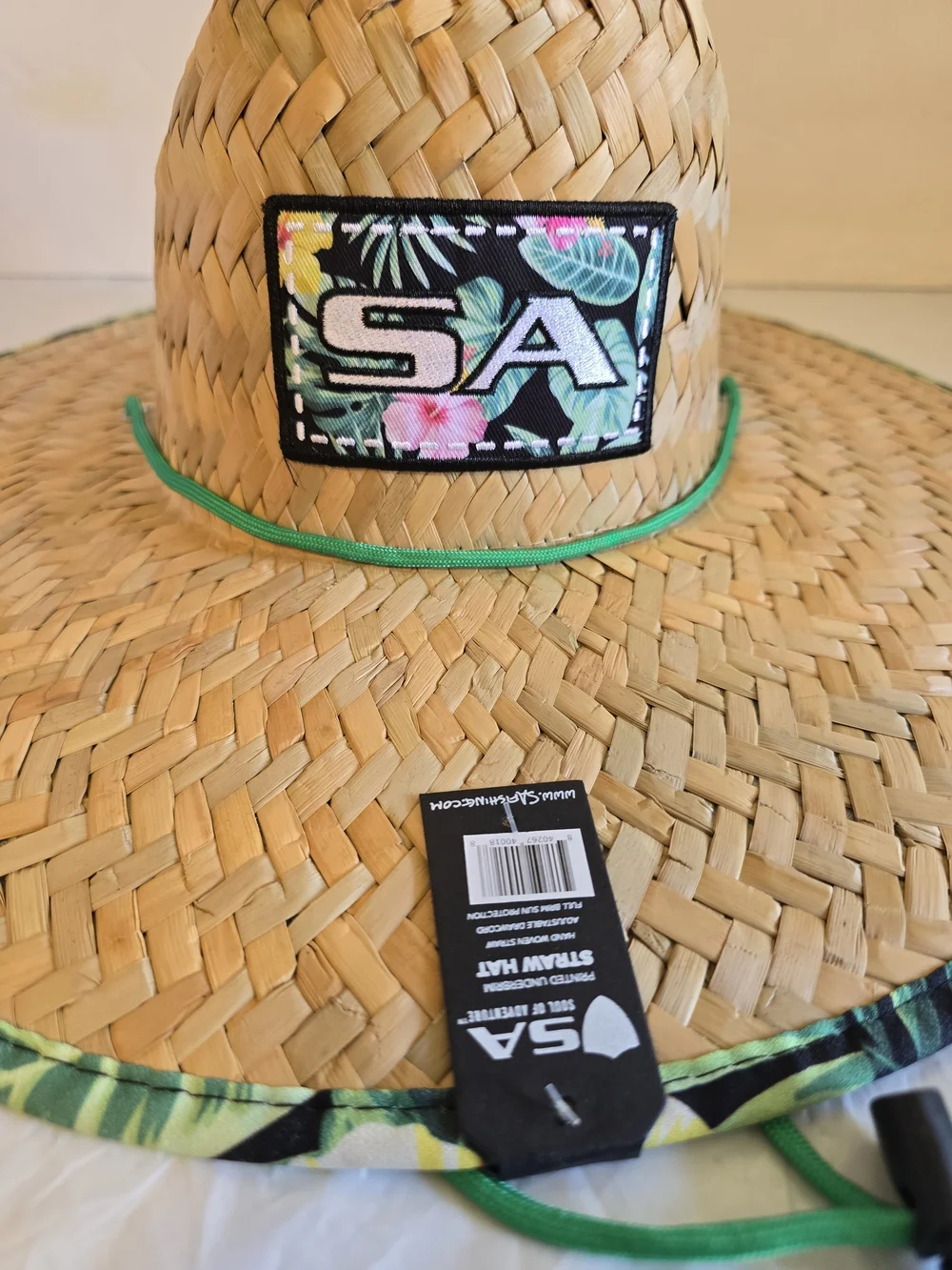 Straw Beach Sun Hat with Green Trim and Floral Patch New With Tag - Picture 2 of 7